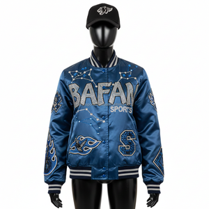 Chaquetas de Satén Premium para Mujer, Tela Lisa y Brillante, Diseño de Paneles Múltiples en Azul, con Logotipo Personalizado Bordado y Parches - Product Image 6