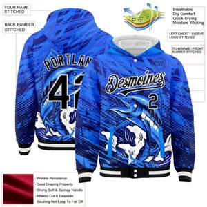 Bomber personnalisé Royal Black-White Marlin Fish Fishing 3D Full-Snap Varsity Letterman Hoodie Jacket - Product Image 2