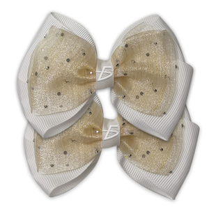 Doppio Fiocco per Capelli con Spilla, Accessori per Acconciature, Pizzo Trasparente Decorato con Glitter, Coppia di Pezzi Eleganti - Product Image 3