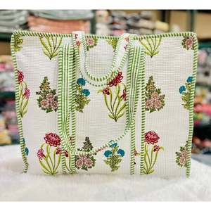 Bolso Tote Grande Estilo Bohemio de Jaipur, Impresión a Mano, Algodón Acolchado, Cierre Abierto, Decoración Bordada, Ecológico, Gran Capacidad - Product Image 1