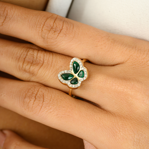 Anillo de mariposa de declaración de malaquita y diamante de diseño único de gama alta tendencia 14K oro amarillo sólido joyería personalizada hecha a mano - Product Image 4