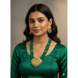 Pendentif classique en or 14 carats plaqué or, Kundan Meena Diamond Polki (travail sur feuille) pour femmes, occasion de fête - Product Image 1