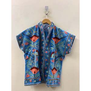 Indigo Garden Reversible <b>Quilted</b> <b>Jacket</b> for Ladies Cornflower Blue Suzani Embroidered Velvet Floral <b>Pattern</b> XL Size for Spring - Product Image 1