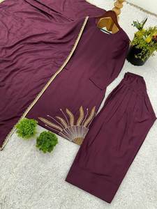 Travail à la main motif à manches longues couleur marron tissu de soie Crep naturel entièrement cousu prêt à porter trois pièces Salwar Kameez à vendre - Product Image 5