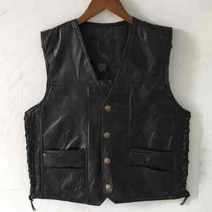 Men's <b>Black</b> Leather Motorcycle <b>Vest</b> with Adjustable Side Laces Soft Sheepskin Biker <b>Vest</b>-OEM Supply - Product Image 1