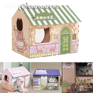 กระท่อมแมวกระดาษแข็งเป็นบ้านเล่นหรือเตียงนอนประกอบง่ายกับกล่องที่มีหน้าต่างสำหรับลูกแมว (โทนสีเขียว) - Product Image 4