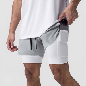 Custom Light Gray 2 In 1 Gym <b>Shorts</b> <b>Mens</b> Compression Liner Quick Dry Training <b>Shorts</b> <b>With</b> <b>Zipper</b> <b>Pockets</b> For Running - Product Image 3