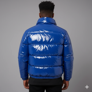 Chaqueta Acolchada de Lona con Acabado Brillante Azul Rey para Hombre, Cuello Alto, Logotipo Frontal, Capucha, Forro Antibacterial para Invierno - Product Image 3