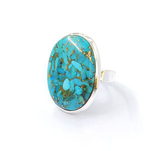 Bague Classique en Cuivre Bleu Turquoise, Argent Sterling 925, Grande Pierre Précieuse Ovale, Bijoux de Luxe Unisexe, Vente en Gros JAIPUR SILVER - Product Image 1