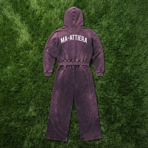 Conjunto de Sudadera Corta con Cremallera y Pantalones Jogger de Pierna Ancha para Mujer, Morado, con Lavado Ácido, de Algodón y Felpa, Estilo Urbano, OEM al por Mayor - Product Image 6