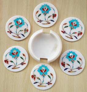 Ensemble de dessous-de-verre en marbre avec incrustation turquoise, dessous-de-verre en pierre faits à la main, cadeau, décoration de la maison, accessoires de table basse - Product Image 3