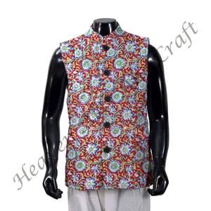 Chaqueta acolchada de algodón con estampado de bloques florales Chaqueta acolchada sin mangas con cuello redondo hecha a mano para hombre Chaqueta acolchada con botón abierto frontal - Product Image 1