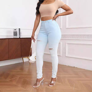 Kadın yeni yüksek katlı sıkıntılı ağartılmış degrade mavi-beyaz kot-özel bahar yaz - Product Image 3