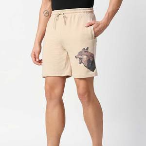 Shorts en coton beige pour homme avec broderie loup, logo personnalisé imprimé, taille à cordon de serrage, pantalon court décontracté - Product Image 3