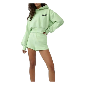Ensemble deux pièces pour femme, sweat-shirt à capuche uni et short, logo personnalisé, vente en gros, vêtements de rue, respirant - Product Image 1