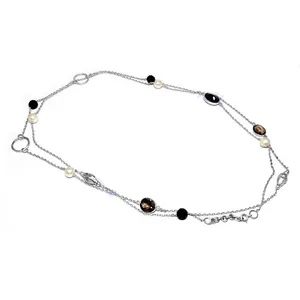 Collar de Cadena de Plata 925 para Mujer con Cuentas Negras y de Perla, Joyería Fina con Cuentas - Product Image 1