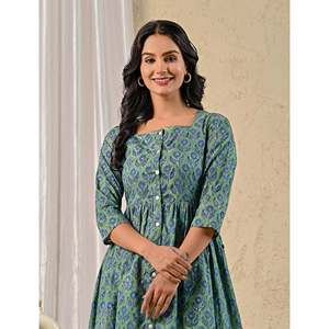 Robe en coton imprimée à la main Green Butta, élégante et décontractée, col carré, longueur genou, boutons sur le devant, respirante, naturelle, ODM - Product Image 1