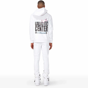 Blanco Impreso 100% Algodón Logotipo personalizado Hombro caído Hombres Chándales acampanados Streetwear Diseño personalizado Conjuntos de chándal - Product Image 2