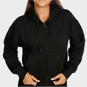 Sudadera con capucha de manga larga con hombros caídos para mujer de nueva moda Top de color negro con cuello con capucha y logotipo frontal - Product Image 1