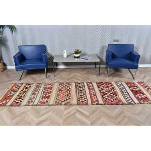 พรมตุรกีวินเทจ ขนาด 2.7x10.2 ฟุต (82x311 ซม.) พรมคิลิมสีแดงน้ำเงินลายอิคัต - Product Image 3