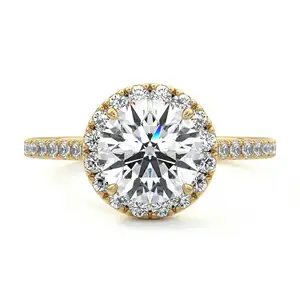 2.20 CTW圆形切割硅石钻石订婚戒指14k黄金结婚戒指，带侧圆形切割硅石钻石戒指