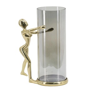 Porte-bougie figuratif en métal doré moderne, cylindre en verre, 11,4 pouces de haut, design de statue humaine sculpturale, Noël, Pâques - Product Image 1
