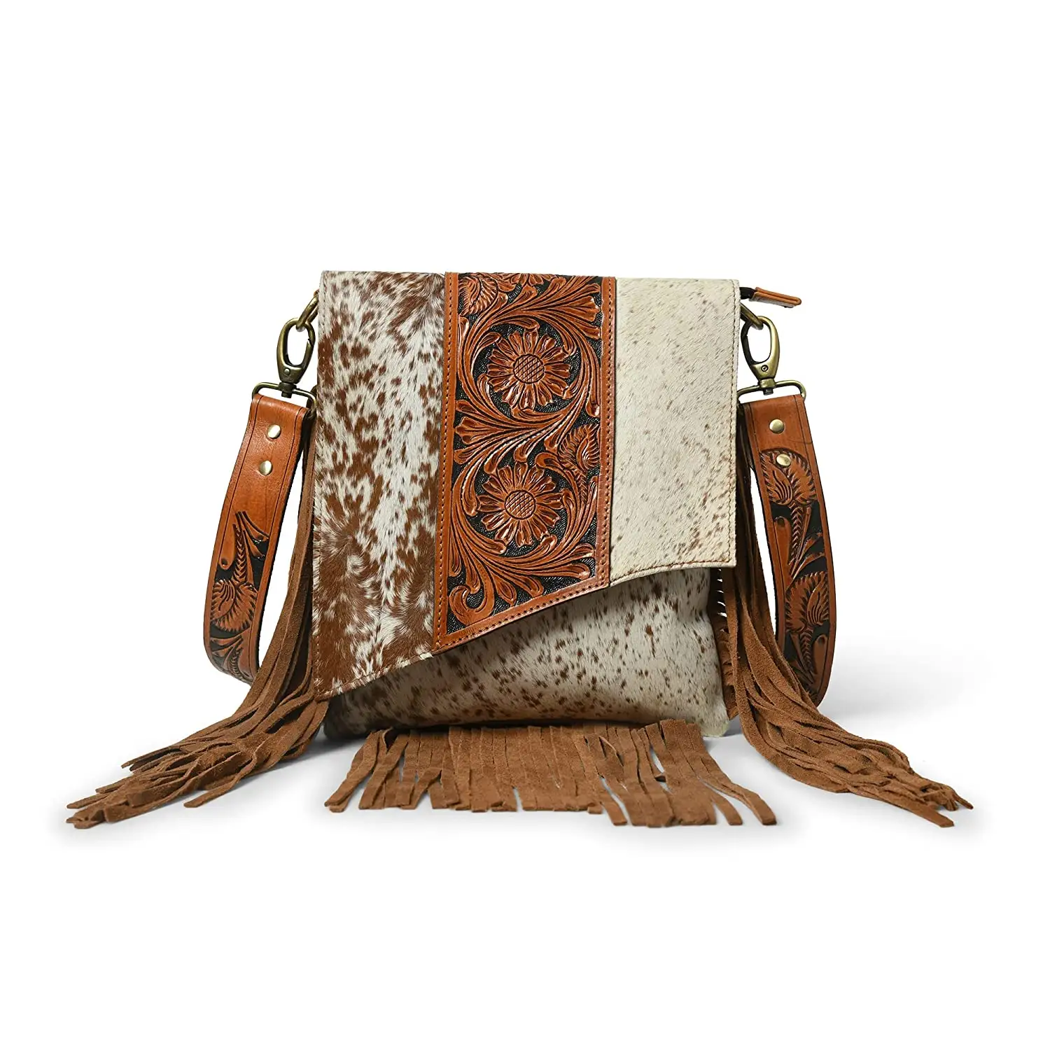 Western Leather Crossbody Bags for Women Sling Satchel Hand-tooled Floral Carving Bag Fringe Purse Conceal Carry Tan