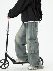 กางเกงคาร์โก้ลำลองสำหรับผู้ชาย, กางเกงยีนส์เอวกลางเอวสูงเป็นมิตรกับสิ่งแวดล้อมกันลมระบายอากาศได้ดีสไตล์อเมริกันย้อนยุคซักใหม่หลวม - Product Image 5