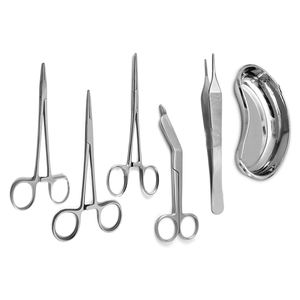 ชุดเครื่องมือผ่าตัดทางการแพทย์สแตนเลส 6 ชิ้น ทนทาน บรรจุในถาดรูปไต ประกอบด้วย คีม แหนบ และกรรไกร ที่จำเป็น - Product Image 1