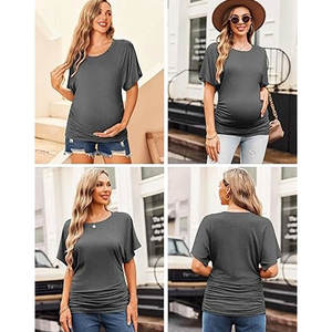 Chemises de maternité manches dolman hauts froncés sur le côté tunique vêtements de grossesse décontractés chemisiers d'allaitement extensibles été 100% coton - Product Image 3