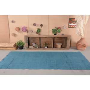 Alfombra turca Vintage moderna de 3,7x9 pies, Alfombra de lana de tejido plano de retazos azul, decoración para sala de estar con respaldo de látex - Product Image 1