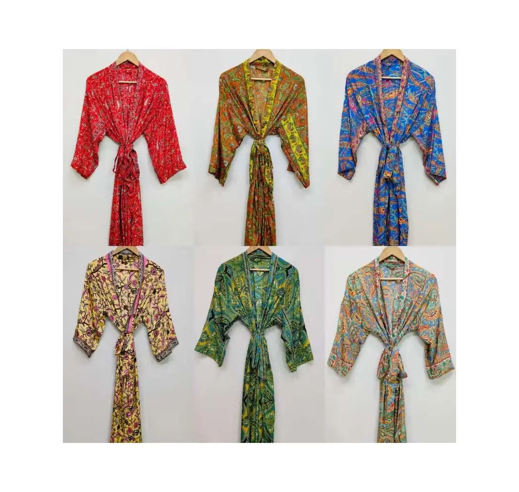 Jubah Kimono sutra buatan tangan India, grosir banyak macam warna dan motif jubah sutra, Kimono Sari sutra daur ulang, nyaman