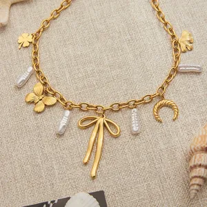 Collar con abalorio de perlas de acero inoxidable a la moda para uso diario con lazo de <span class=keywords><strong>herradura</strong></span> de piruleta y colgantes de trébol para mujer - Product Image 2