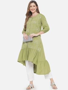 Nouvelle Arrivée : Ensemble Décontracté Femme – Kurta Asymétrique en Rayonne Brodé avec Col en V et Pantalon Assorti pour le Bureau - Product Image 5
