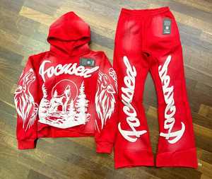 OEM Ensembles empilés de logo à impression bouffante personnalisés Ensembles de survêtements pour hommes Ensembles de pantalons évasés deux pièces Sweats à capuche Survêtements pour hommes - Product Image 3