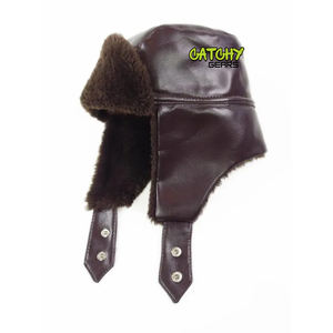 Chapeau trappeur aviateur en PVC marron vintage, vegan, avec garniture en fausse fourrure de mouton - Product Image 4
