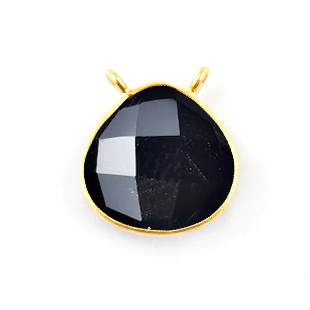 Black Onyx Puffy Heart Shape Pendant 16mm Faceted Heart 2 Loop Gemstone Gold Vermeil Bezel Pendant For Jewelry Making
