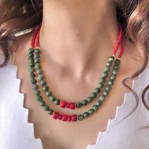 Collar de coral y Jade para mujer, piedras preciosas rojas y verdes con cuentas hechas a mano, joyería llamativa, Coral y jade - Product Image 4