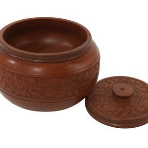 Casserole en bois émaillé avec couvercle sculpté floral Plat de service de repas chaud en bois artisanal, boîte décorative pour ustensiles de cuisine - Product Image 3