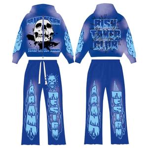 ชุดวอร์มซักได้ทั้งชายและหญิงกำหนดเองชุด100% กางเกงขาบานผ้าฝ้าย & ฮู้ดแบบรูดซิปชุดสองชิ้นแนวสตรีทวินเทจ - Product Image 1