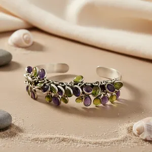 ART PALACE Bracelet manchette tendance en argent 925 avec améthyste et péridot taillés rond et ovale pour femme, idéal pour peaux sensibles, cadeau - Product Image 2