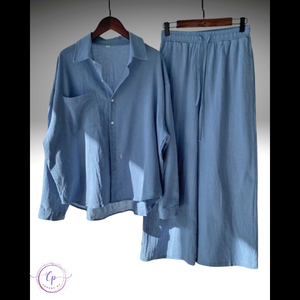 Ensemble coordonné 2 pièces en mélange de coton pour femme 2025 – Chemise coupe classique et pantalon large boutonné, écologique et respirant - Product Image 2