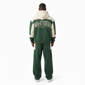 Ensemble de survêtement deux pièces avec sweat à capuche zippé et pantalon de jogging à jambes larges, couleur vert et crème - Product Image 2