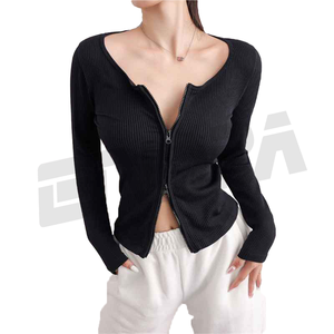 Chemise d'entraînement à fermeture éclair pour femme Col V Manches longues Slim Fit Yoga Cardigan Top Stretch Soft Loungewear Activewear Trendy Jacket 2025 - Product Image 2