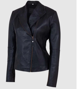 Veste en cuir pour femmes Veste en cuir d'hiver à manches longues en peau de mouton de couleur noire - Product Image 1