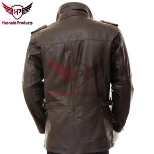 <b>Mens</b> Real Dark <b>Brown</b> <b>Leather</b> Field <b>Jacket</b> Stand Collar Cowhide Coat Shoulder Epaulets Cargo Pockets Custom Classic Warm Outwear - Product Image 4