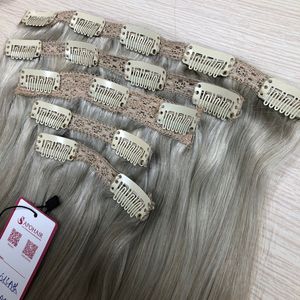 Extensiones de cabello virgen Remy rubio ceniza de Venta caliente conjunto de Color teñido con Clip recto dibujado Doble - Product Image 5
