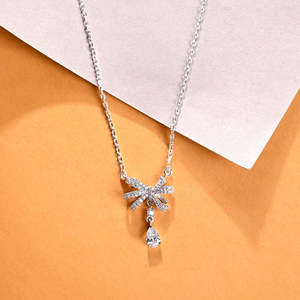 NOVAMART Fine Rhodium Plated Silver Bow <b>Pendant</b> Chain with <b>Emerald</b> Zircon Moissanite or Diamond Stones Wholesale Export - Product Image 2