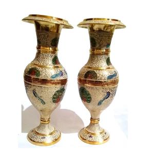 Brass Flower <b>Vase</b> <b>Set</b> of 2 Pcs With Peacock Engraving Gold And Multi Color Finished For Home Decor Table Decoration - Product Image 1