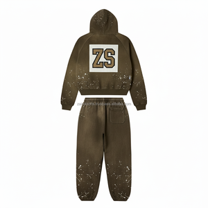 Survêtement en molleton épais à fermeture éclair 380 GSM teinture marron chaud mélange de coton doux brodé à l'intérieur survêtements personnalisés grande taille - Product Image 2